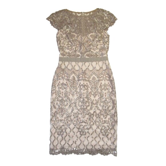 NWT TADASHI SHOJI Miranda in Sand Petal Sequin Embroidered Tulle Sheath Dress 2 - Picture 2 of 13